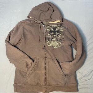 Retro Y2K Chalc Brown Waffle Knit Hooded Bro Sweatshirt Iron Cross Y2K Size XXL